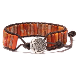 Orange Jasper Beaded Leather Wrap Bracelet, Cuff Bracelet, Handmade Jewelry