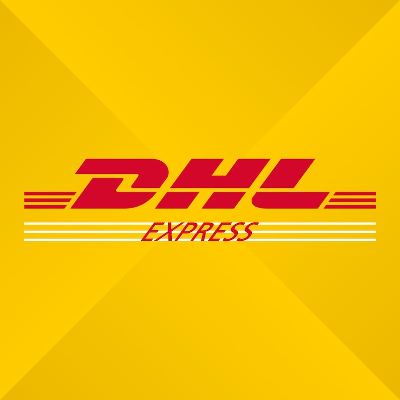 May include: The DHL Express logo is red on a yellow background. The logo features the letters DHL in a bold, stylized font with three white stripes above and below the letters. The words "EXPRESS" are written in white below the DHL logo.