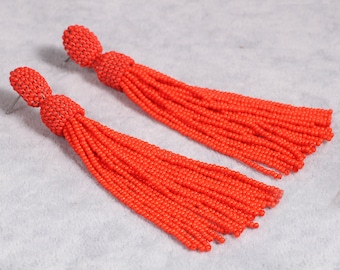 Orange red beaded tassel earrings for women, long statement stud earrings, oscar de la renta style tassel earrings, gift for her