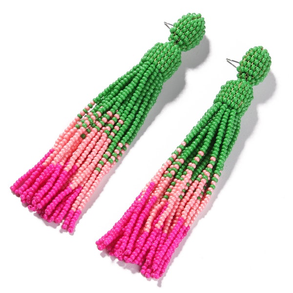 Green Pink Red Ombre Beaded Tassel Earrings for Women, Oscar de La Renta Earrings, Seed Beads Earrings, Long Fringe Statement Stud Earrings