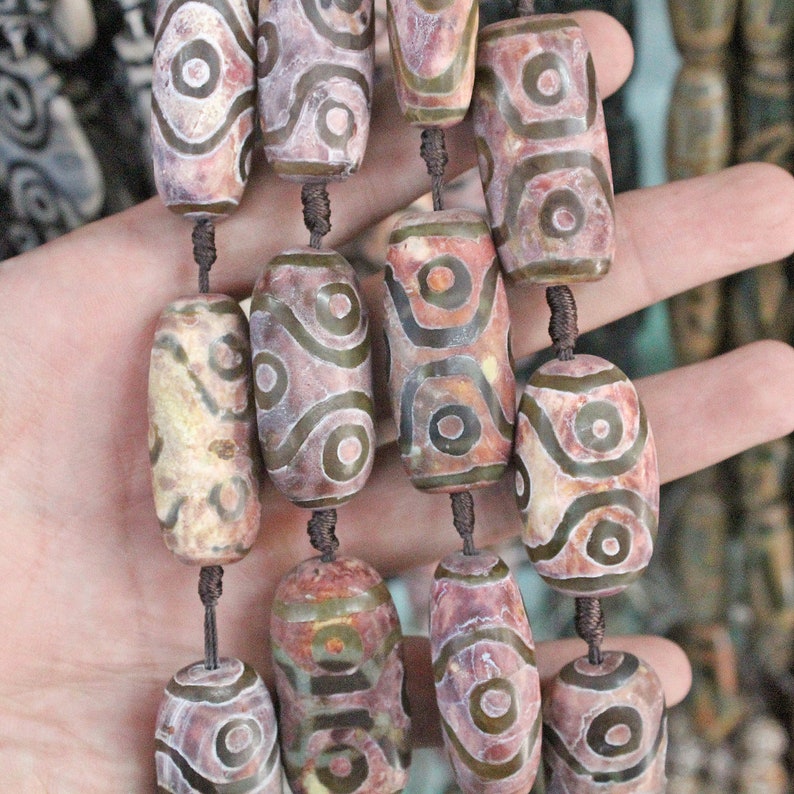 Mala Prayer Beads with eyes Antique Red /& Brown Oval Tube Dzi Beads Full Strand Big Barrel Vintage Tibetan Agate 40*19mm Wholesale