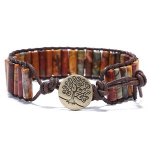Mens Bracelet, Picasso Jasper Beaded Leather Wrap Bracelet, Gemstone Braided Cuff Bracelet, Boho, Charm Bracelet, Handmade Jewelry