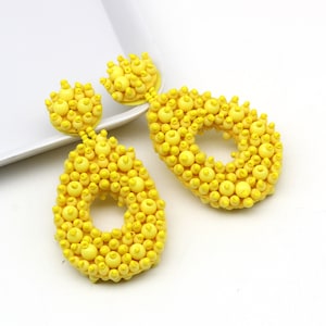 Yellow Seed Beaded Earrings, Trendy Women Statement Earrings, Boho, Ethnic Dangle Drop Stud Earring, Handmade Jewelry, Weddings