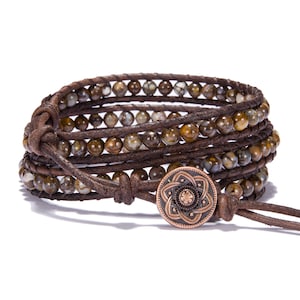 African Brown Opal Beaded Leather Wrap Bracelet, Chakra Bracelet, Round Coffee Brown Fire Lace Opal Bead, Handmade Jewelry, Gift