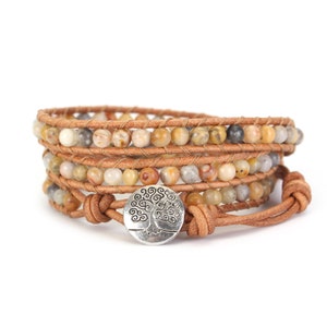 Bracelet en cuir perlé avec agate et dentelle folle pour femme Bracelet jonc en couches fait main couleur terre bohème bouton arbre de vie réglable