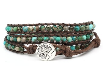 Wax Leather Wrap Beaded Bracelet, Round Turquoise, Green Imperial Jasper Gemstone, Pacific Bracelet, Adjustable, Handmade Jewelry, Best Gift