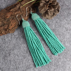 Turquoise Beaded Tassel Earrings for Women, Long Statement Stud Earrings, Earhook, Oscar De La Renta Style Earrings, Gift for Her