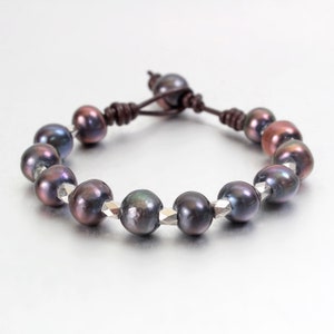 Black Pearl Leather Bracelet, Freshwater Pearl, Unique Pearl Beaded Bracelet, Hand-knitted Bangle, Bohemian, Handmade Jewelry, Best Gifts