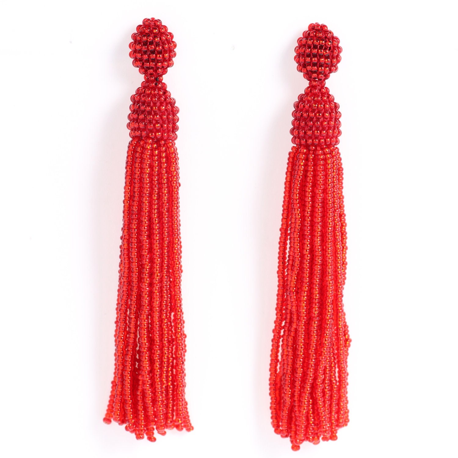 Clear Red Beaded Tassel Earrings Oscar De La Renta Style Stud