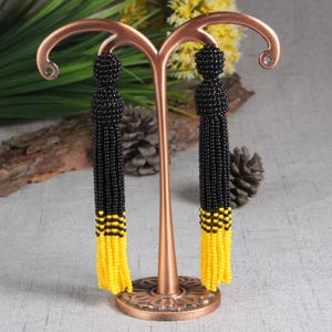 Black Yellow Ombre Beaded Tassel Earrings for Women, Long Statement Stud Earrings, Oscar de La Renta Earrings, Gift for Her