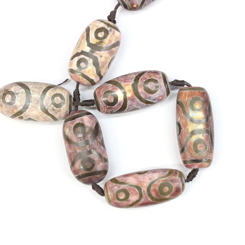Mala Prayer Beads with eyes Antique Red /& Brown Oval Tube Dzi Beads Full Strand Big Barrel Vintage Tibetan Agate 40*19mm Wholesale