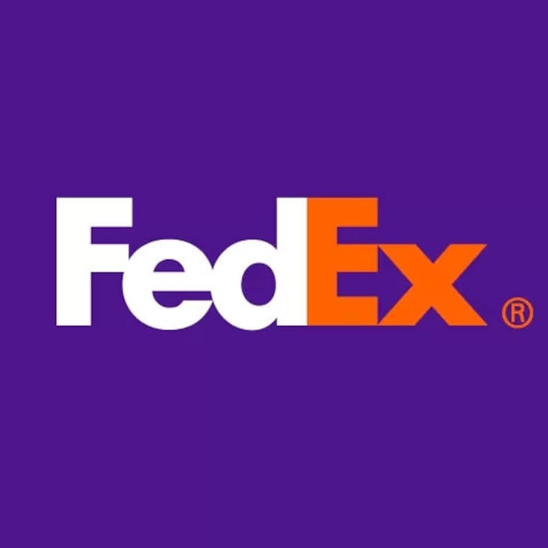 May include: The FedEx logo features the word "FedEx" in white and orange letters against a purple background. The "Ex" portion of the logo is in orange, while the "Fed" portion is in white. The logo also includes a registered trademark symbol.