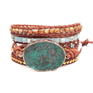 Enorme Ocean Jasper kralen lederen wikkelarmband voor vrouwen, groene connector, Boho, helende stenen armband, handgemaakte sieraden, verstelbaar