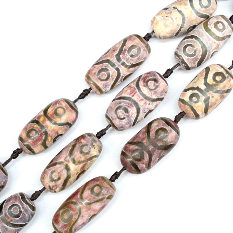 Mala Prayer Beads with eyes Antique Red /& Brown Oval Tube Dzi Beads Full Strand Big Barrel Vintage Tibetan Agate 40*19mm Wholesale