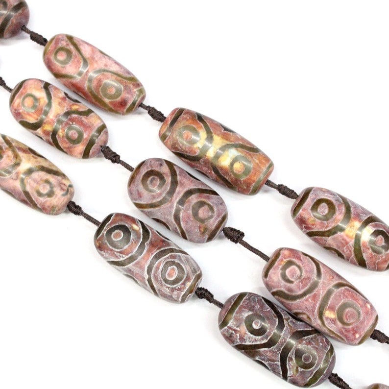 Mala Prayer Beads with eyes Antique Red /& Brown Oval Tube Dzi Beads Full Strand Big Barrel Vintage Tibetan Agate 40*19mm Wholesale