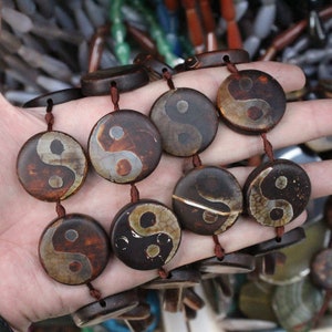 Tibetan Agate Beads Gemstone Ancient Round Flat Tibetan Agate, Mala Prayer Bead, Yin Yang Gossip, 30*30mm