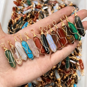 10pcs/lot Wire Wrapped Crystal Point Pendant, Assorted Hexagon Gemstone Pendant Bulk, Crystal Gift, DIY Jewelry, wholesale
