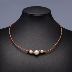Leather Pearl Choker, Natural Freshwater Pearl Necklace, Handmade Pearl Choker Necklace, Healing Bracelet, High Luster, Boho, Festival Gift