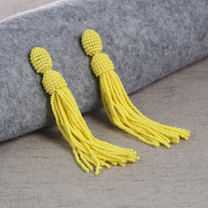 Yellow Beaded Tassel Earrings for Women, Oscar de La Renta Earrings, Handmade Seed Beads Earrings, Long Statement Stud Earrings, Gift