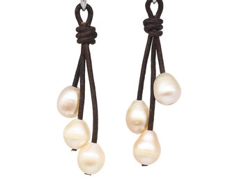 Pearl leather earrings, leather earrings drop, freshwater pearl earring dangle, pearl leather handmade jewelry