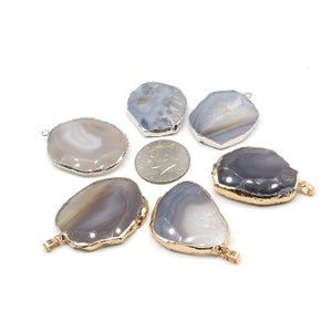 Gray Agate Pendant, Gold Silver Edging Bail Pendant, Gemstone Healing Point Charm, Accessories, Freeform Cut Jewelry, Gift, Wholesale
