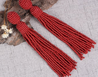 Wine Red Beaded Tassel Earring, oscar de la renta style, Long-tassel handmade earrings, Christmas gifts, Boho, stud earrings