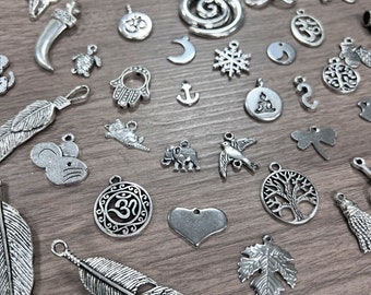 May include: A collection of silver charm pendants featuring various designs, including animals, symbols, and nature-inspired motifs. The charms are arranged on a wooden surface.