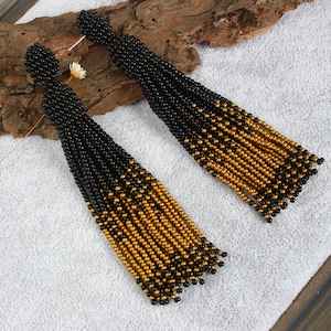 Black & Gold Ombre Beaded Tassel Earrings, Oscar de La Renta Earrings, Seed Beads Earrings, Long Statement Stud Earrings, Beadwork Jewelry