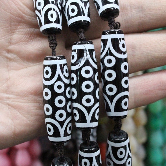 Dzi Bead With Etched Eye, Long Barrel Tibetan Agate, Lucky Amulet