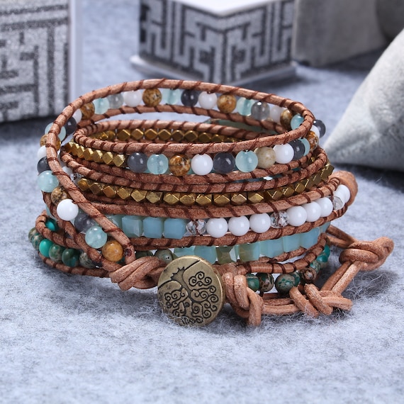 Huge Imperial Jasper Leather Beaded Wrap Bracelet, Tree of Life