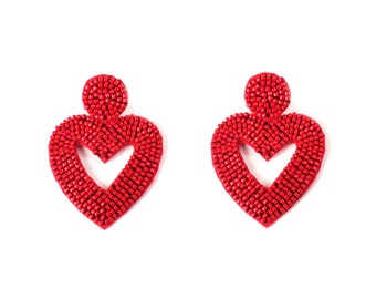 Heart Beaded Earrings, Handmade Earring, Love Heart Shape Earring, Statement Dangle Earrings, Heart Drop Earring, Festival Gift for Women