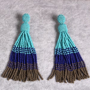 Blue Gray Ombre Beaded Tassel Earrings, Oscar de La Renta Earrings, Seed Beads Earrings, Long Fringe Statement Stud Earrings, Women Gift