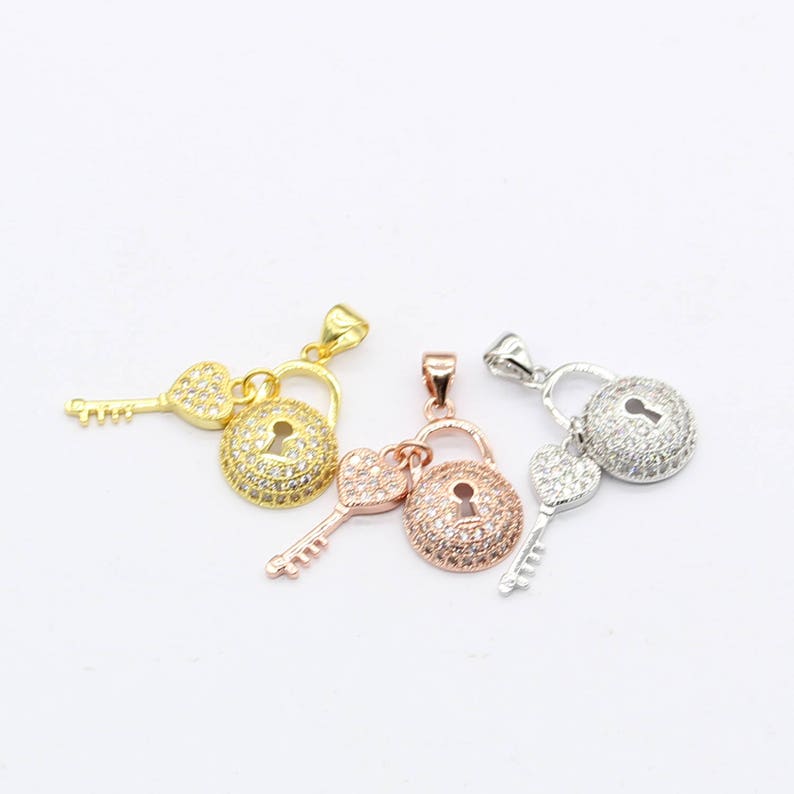 CZ Plated Pave Lock and Key Bead Pendant Charm Cubic Zirconia Etsy