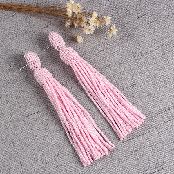 Pink Beaded Tassel Earrings for Women, Seed Beads Long Tassel Earrings, Oscar de La Renta Statement Earrings, Boho Style Stud Earrings, Gift