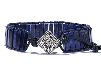 Natürliches Lapislazuli Perlen Wickelarmband, Blaues Lapis Leder Wickelarmband, Balance Armband, Energieschutz, Herren Armband, Unisex