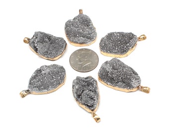 Druzy Pendant, Freeform Jewelry, Gold Plated Edge and Bail Charms, Silver Gray Drusy Gem, Accessories, Wholesale, Findings, Craft Supplies