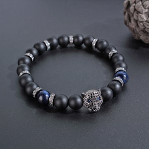 Black Panther Charm Beaded Bracelet, Stretch Bracelet, Handmade Jewelry, Mens Bracelet, Unisex, Forever Bracelet