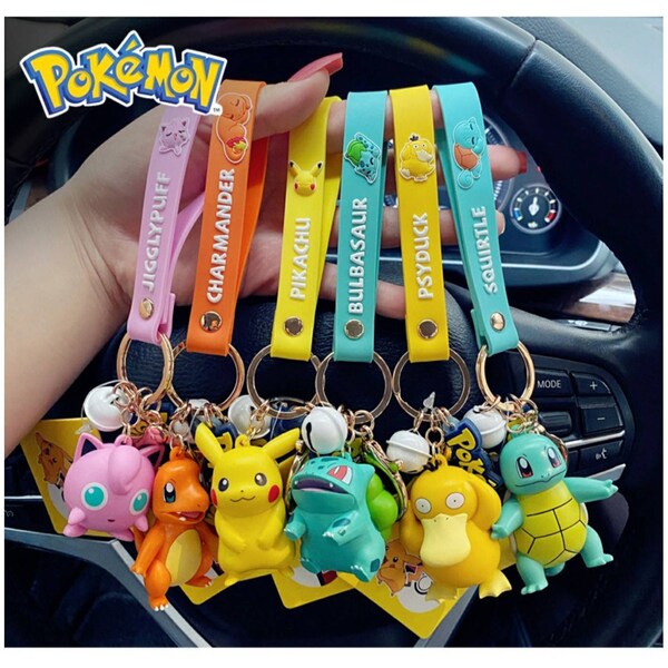 Pokémon 3d Anime Action figure keychain Pikachu, Bulbasaur, Squirtle, Psyduck, Charmander, Jiggypuff Lanyard Wristband