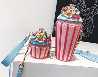 New Cute Kawaii Cupcake Ice Cream Bucket Bag Crossbody Shoulder Wristlet Wristband Hangbag Purse Candy Pink/Blue PU Leather Women's Fashion