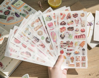 12 Sheets Cute Sweet Desserts Cake Bread Ice Cream Veggies Drinks Sticker Yummy Food DIY Scrapbook Papercraft Craft Dairy Journal Decoration