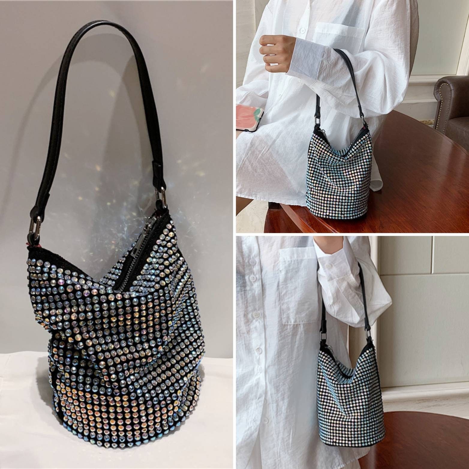 Women's Fashion Light Luxury Sequins Gradient Plaid Clip Pocket Metal  Handle Crossbody Bag Handbag Suitable For Ball, Party, Wedding, Clear Bag
