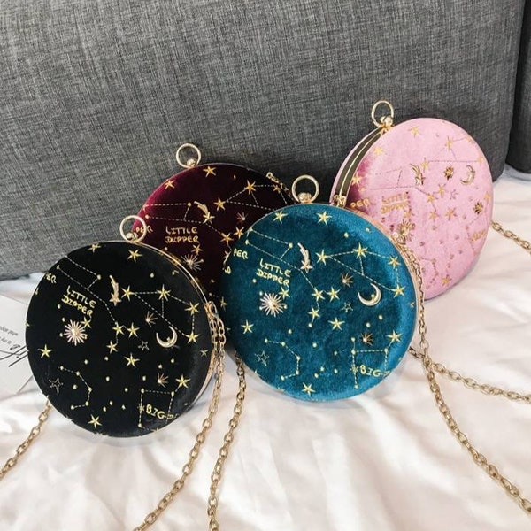New Velvet Constellation Moon Sky Star Galaxy Metro Embroidery Shoulder Crossbody Round Bag Purse Box Case Cute Korean Fashion Women Handbag