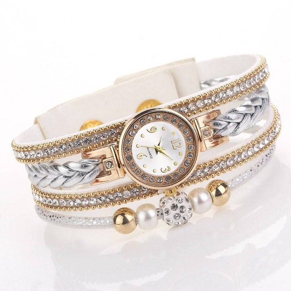 Korean Fashion Pearl Gold Chain Rhinestones Crystal Round Wristband Bracelet Quartz Watch Jewelry Accessories Beauty Cute Women's Party