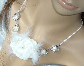 collier mariée blanc fleur faite main taffeta