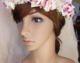 serre-tête couronne de mariée roses panachées fushia/ivoire