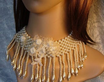 Crystal bridal necklace ivory and lace