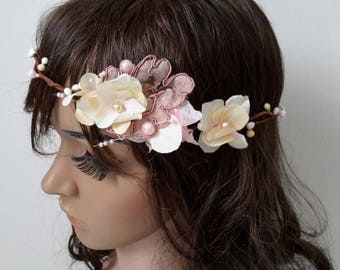 Headband ecru beige Golden pink romantic wreath