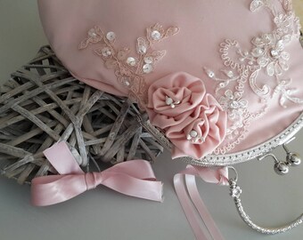 Powder pink embroidered guipure wedding bag clutch