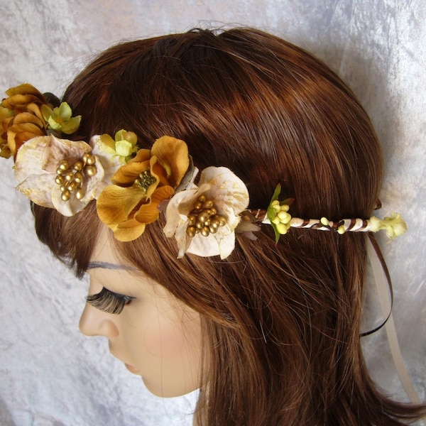 serre-tête mariée fleur  vintage bronze et beige