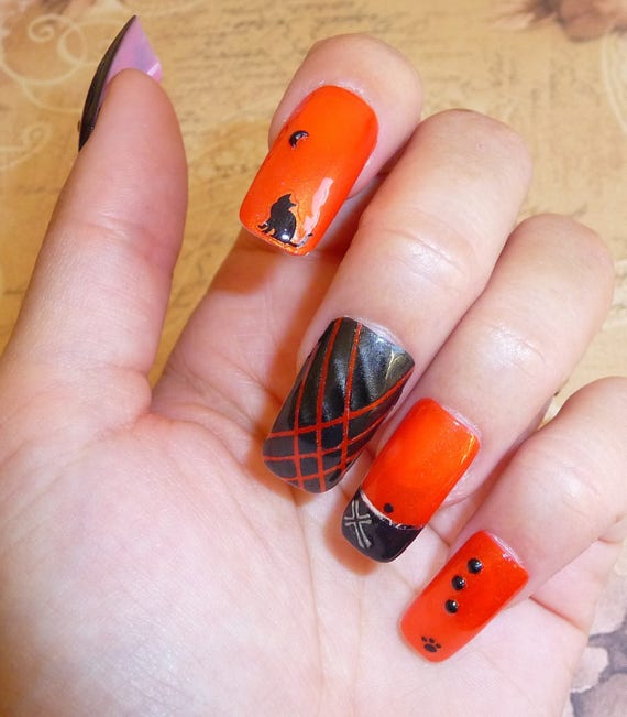 20 Long Fake Nails For Orange And Black Halloween With Black Etsy
